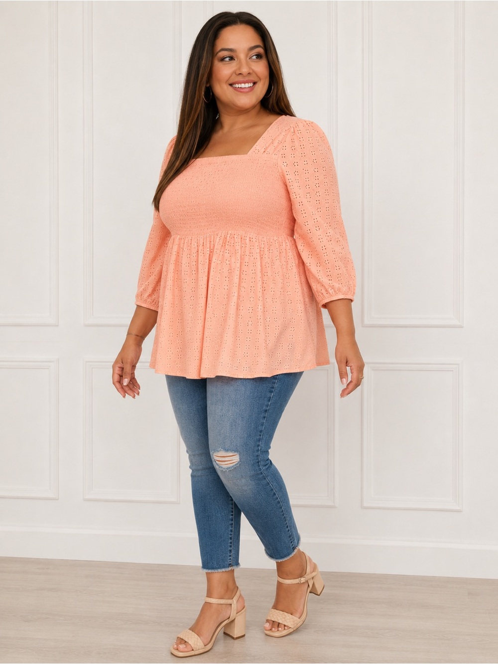 Torrid Peach Eyelet Smocked Babydoll Blouse Size 3 3X Cottagecore NWT